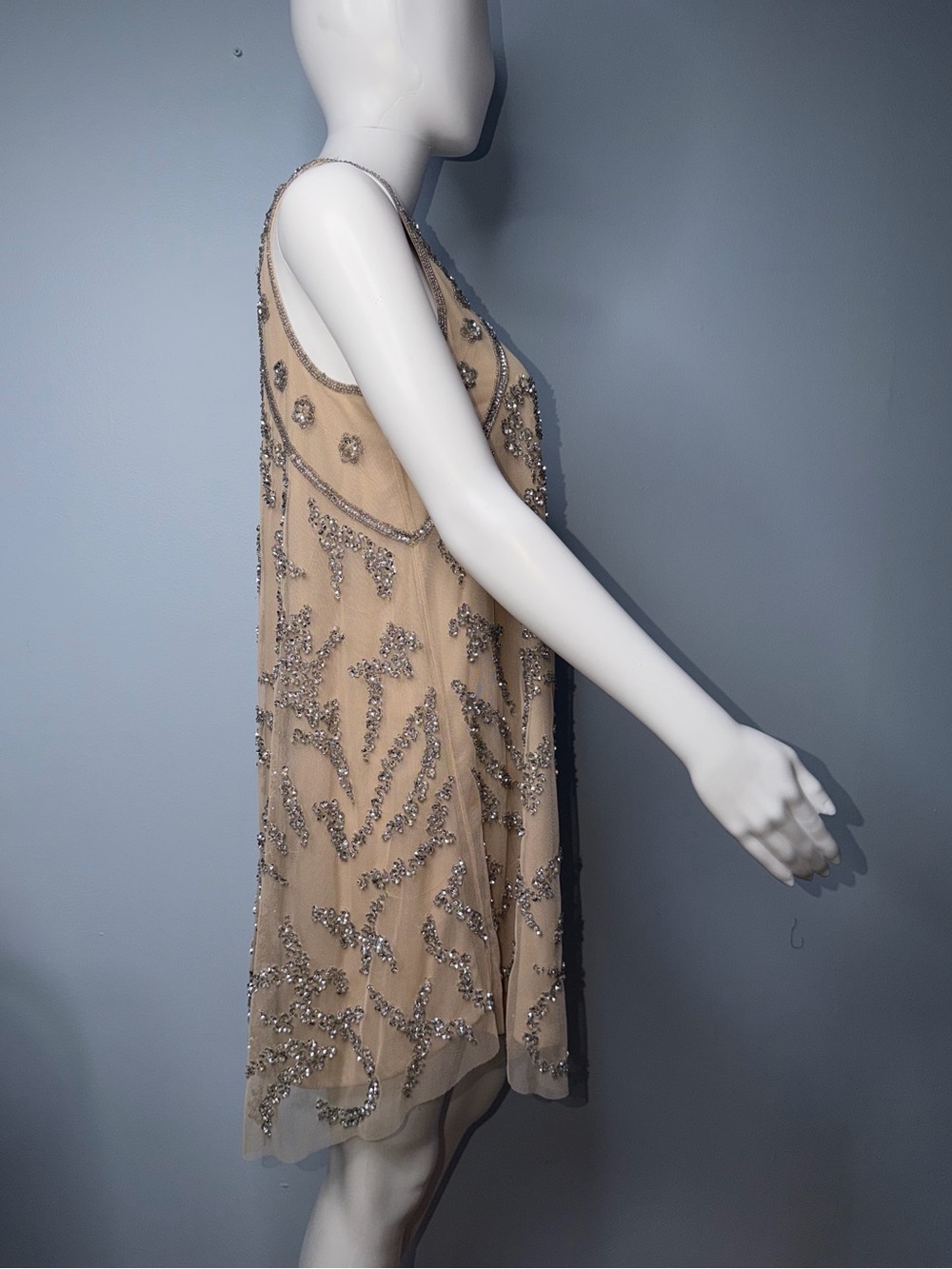 Embellished Taupe Sleeveless Shift Dress - Picture 7 of 13